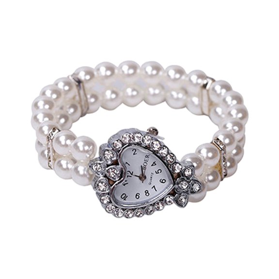 TIHLMK Watches for Women Quartz Watch with Imitation Pearl Strap Heart Shaped Watch Dial Women's Wristwatch Woens Gift Valentine's Day Gift
