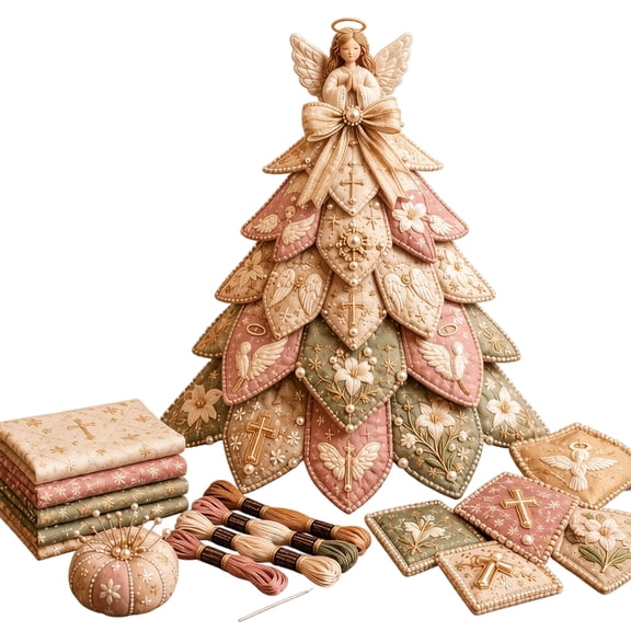 Christmas 3D Quilted Tree Ornament Craft Kit, Floral Angel Beaded Patchwork Design for Adults and Tabletop Decor, 7.87 in