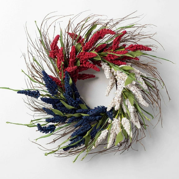 Pompotops Independence Day Wreath, Summer Front Door Wreath, Red, White, Blue Simulated Ears, Decorated On July 4 In The United States
