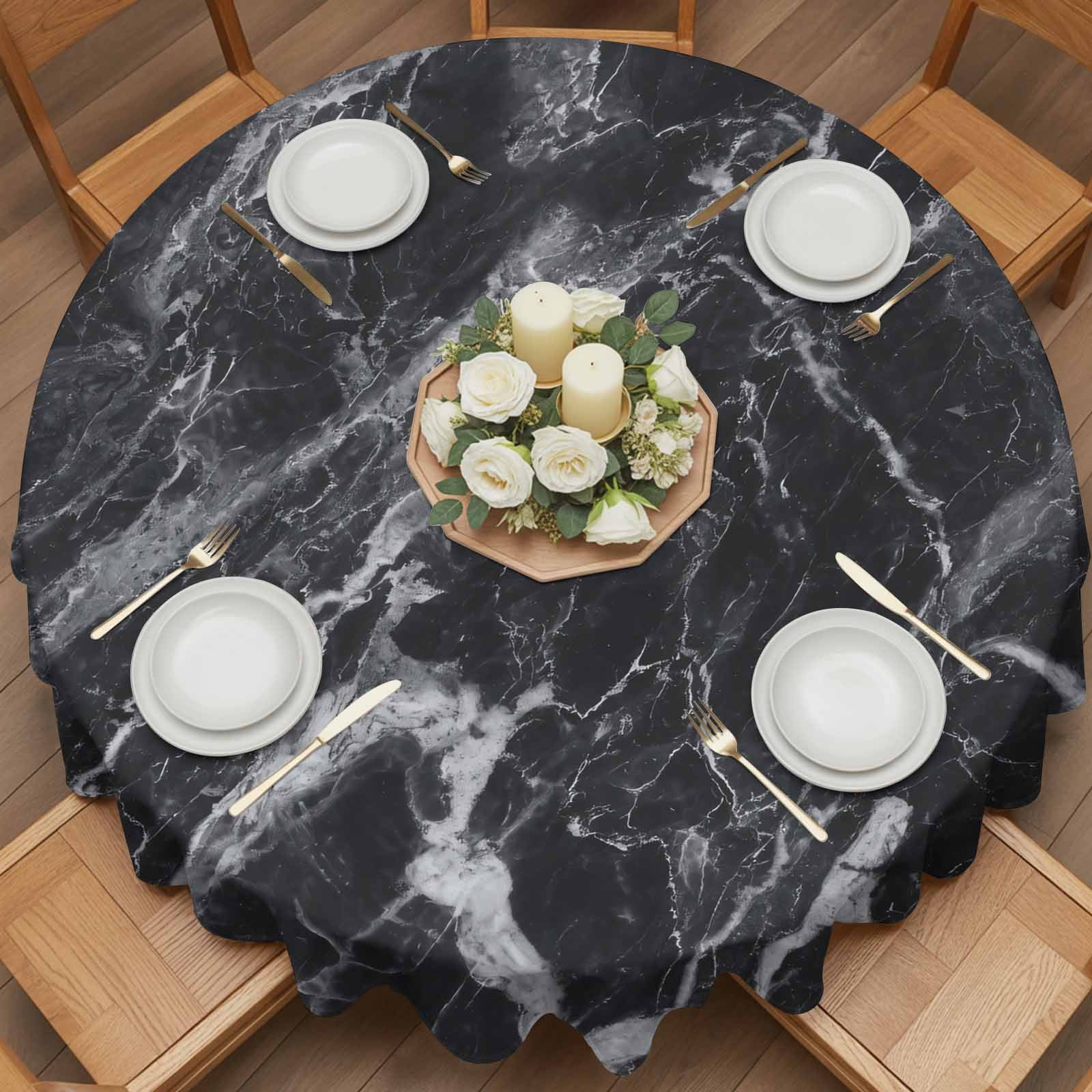 Round Tablecloth Black Marble Waterproof Oil Proof Polyester Table Cloth Cover Decor for Home Dining Outdoor,Patio,Parties, 54" Dia. Abstract Modern Themed