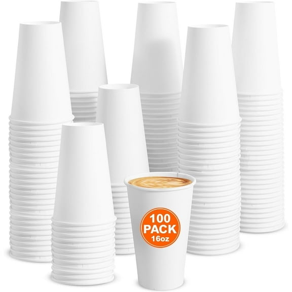 iBasics 16 oz White Paper Coffee Cups – 100-Pack Large Disposable Hot Cups for Home, Office & Events