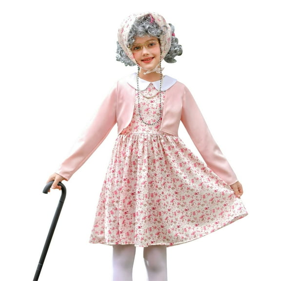 EnJoCho 100th Day of School 𝖢ostume for Girls 3Pcs Old Lady Granny Dress Up Outfit Set with Glasses Shawl Purse Accessories Kids Celebration