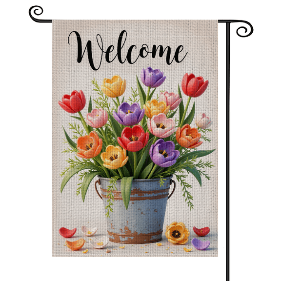 Vibrant Floral Print Welcome Garden Flag Vintage Pot Design Tulip Garden Flag Rustic Pastel Color Scheme Potted Tulip Flag for Outdoor Garden Decor Porch Decoration Yard Accent