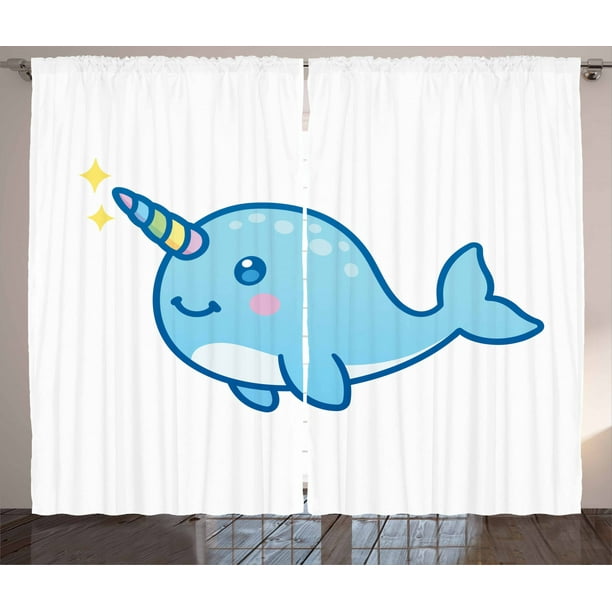 Narwhal Curtains 2 Panels Set, Cartoon Drawing Style Whale with Rainbow  Horn Unicorn of the Ocean Arctic Animal, Window Drapes for Living Room  Bedroom, 108W X 96L Inches, Multicolor, by Ambesonne -