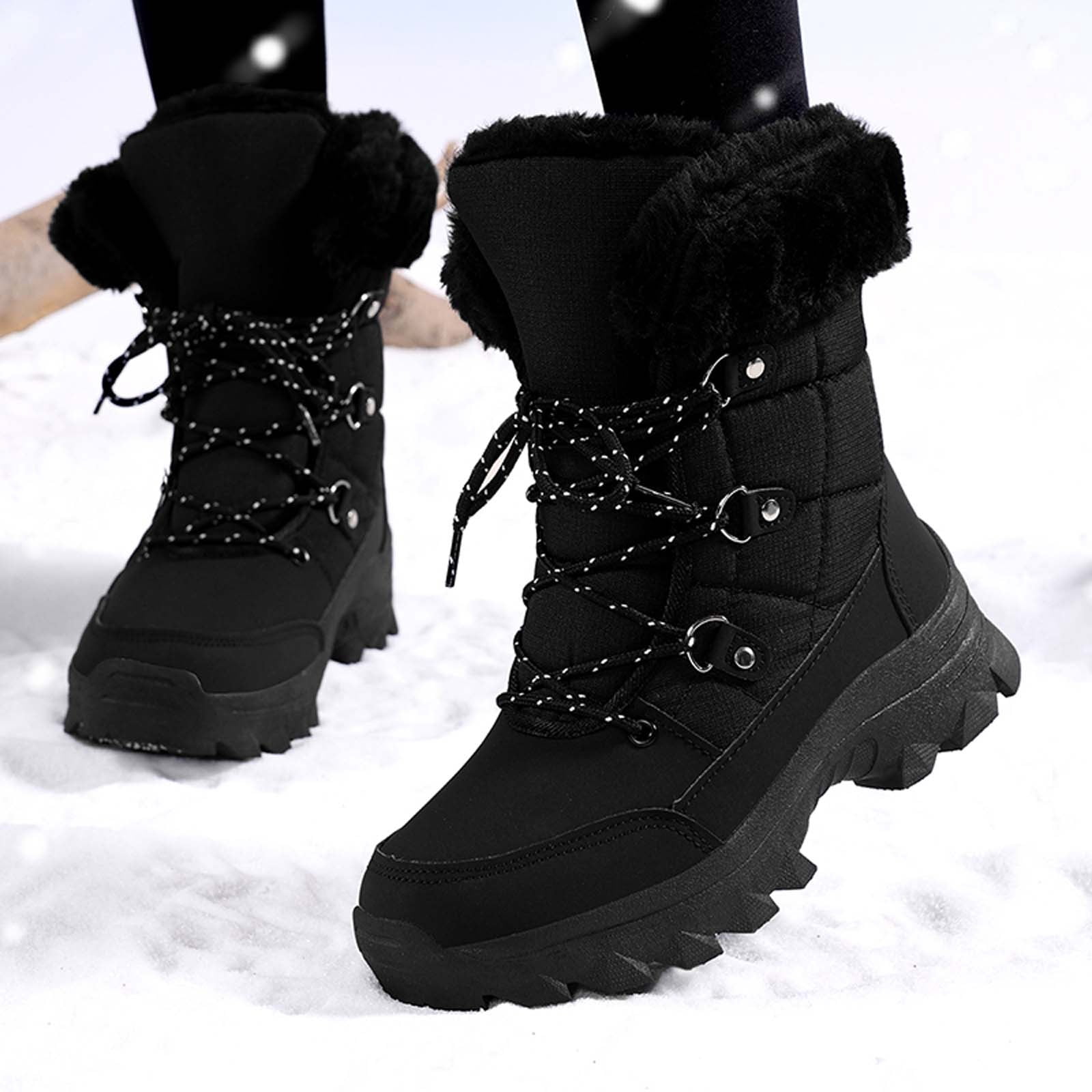 Gyexs Womens Winter Snow Boots Waterproof Shoes Walking Comfortable Hiking Tennis Booties Furry Mid Calf Warm Lightweight Sports Shoes, Black, Size 9