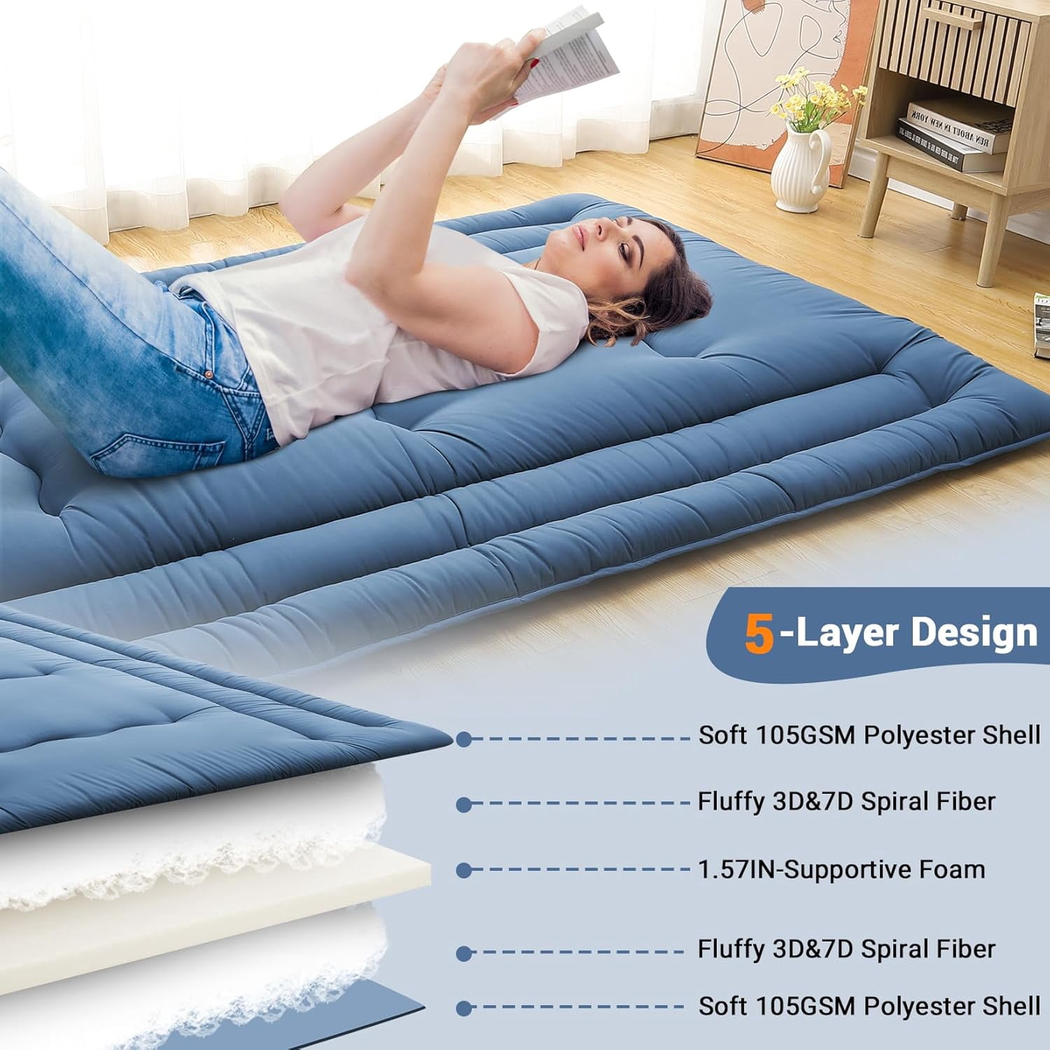 Futon Mattress Twin/Full Size, Japanese Floor Mattress Foldable Sleeping Mattress, Roll Up Floor Bed Mattress for Easy Storage, Tatami Mat Japanese Floor Bed for Dorm Camping