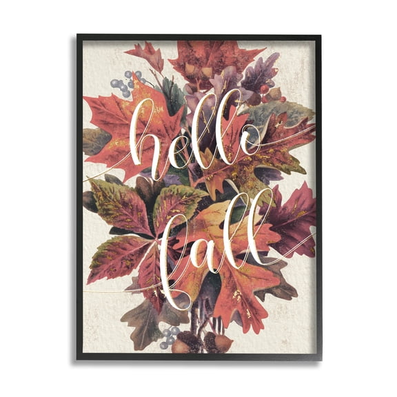 Stupell Industries Hello Fall Phrase Orange Autumn Leaf Pile Graphic Art Black Framed Art Print Wall Art, 11x14, by Daphne Polselli