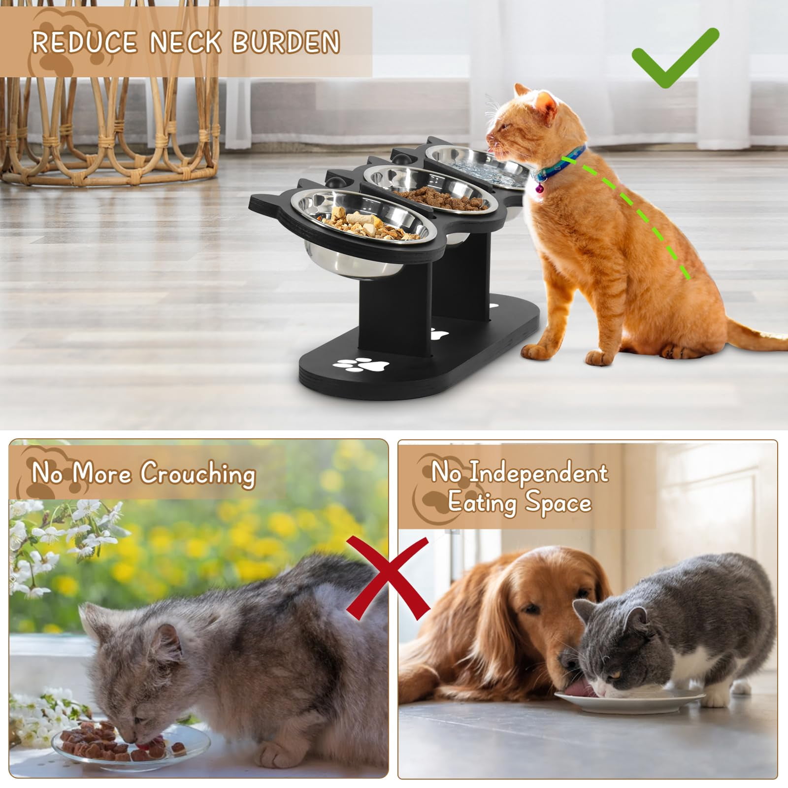Adjustable Elevated Cat Bowls - 3 Stainless Steel 17° Tilted Pet Bowls with Black Stand for Indoor Cats/Small Dogs-Black
