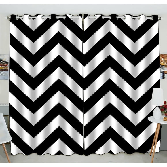 EREHome Black and White Zigzag Blackout Window Curtain Drapery Two Panels 52x84 inch two Piece