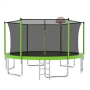 14FT Trampoline for Kids and Adults,Outdoor Large Recreational Trampoline with Ladder and Basketball Hoop,Green