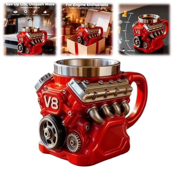 V8 Engine Coffee Mug, Creative Car Engine Themed Double Wall Insulated Cup, Retro Mechanic Style Mug – Ideal Valentine’s Day Gift for Car Enthusiasts, Husband, Boyfriend & Mechanics
