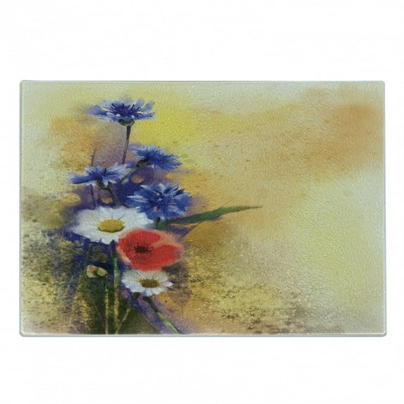 Flower Cutting Board, Poppy Flowers Cornflower Pastel Chamomile Petal Art Stained Backdrop, Decorative Tempered Glass Cutting and Serving Board, Small Size, Blue White, by Ambesonne