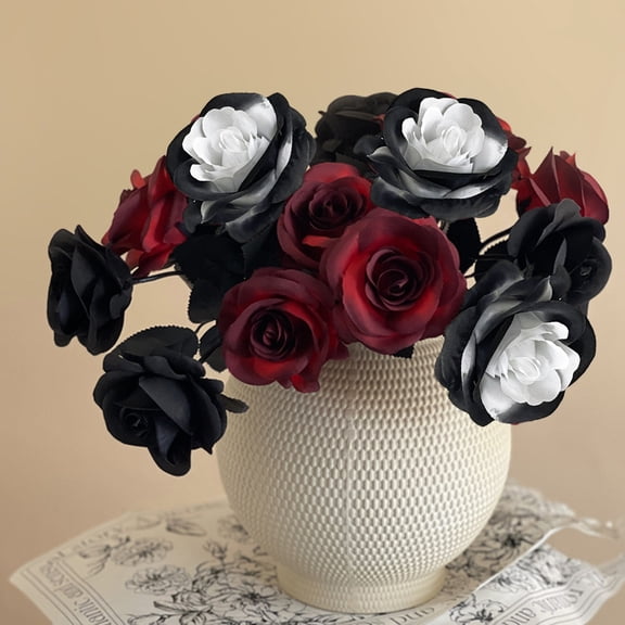 AZXY Halloween Decor, Halloween Indoor Decor, Halloween Tabletop, Artificial Black Silk Rose Stems, Gothic Fake Floral Bouquet, Halloween Decorations for Home Table Party Decor