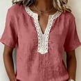 thumbnail image 5 of ClodeEU Women's Linen Blend V Neck Short Sleeve Top with Lace Trim ,Solid Color Casual Blouse Pink,Womens Plus S, 5 of 7