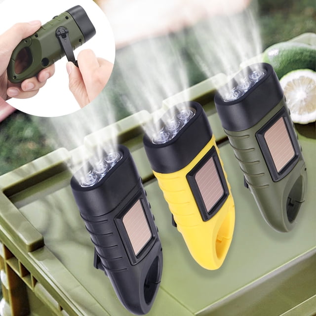 Linterna solar de manivela | Mini lámpara de camping LED portátil | Alimentación solar y recarga manual | Clip para llavero | ABS Ligero | Luz de emergencia para exteriores | 3 Bombillas LED | Verde