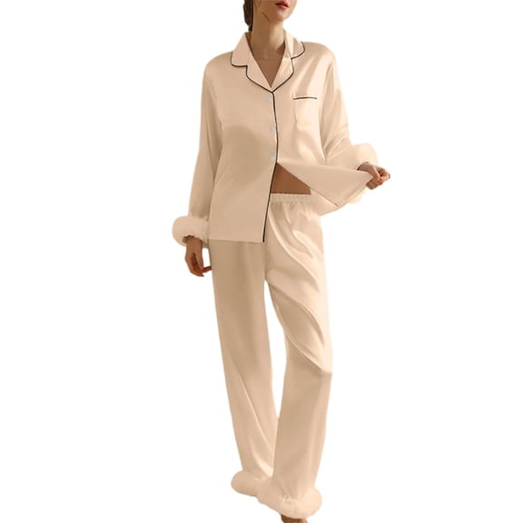Women's Pajamas Feather Trim Long Sleeve Button-Down Tops Pants 2 Piece Pajama Set Matching Sets Women