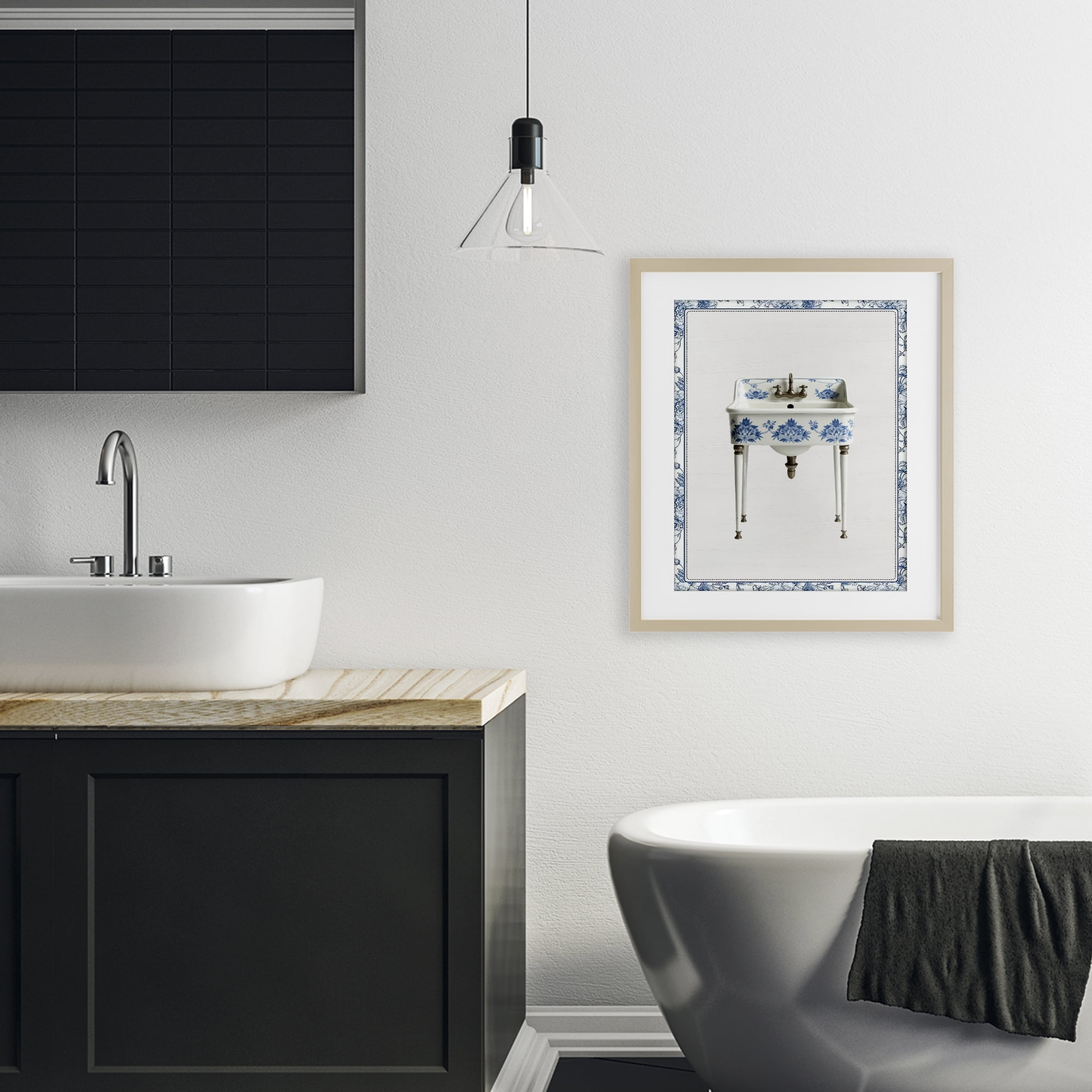Vintage Chinoiserie Sink Birch Framed Print Under Glass, design by Lettered and Lined