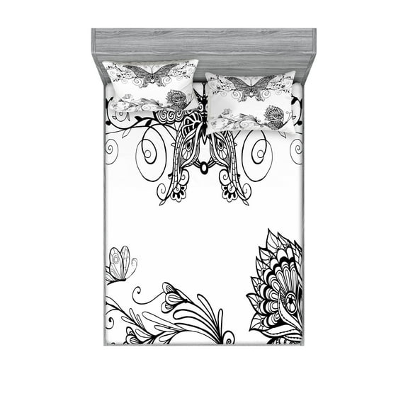 Ambesonne Mandala Fitted Sheet & Pillow Sham Set, Butterfly Floral, Queen, White Black