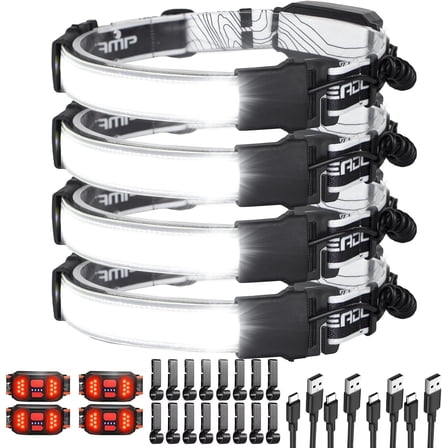 USB C Rechargeable LED Headlamp 4-Pack, 1000 Lumen 230° Wide Beam Headlight with Red Taillight, Waterproof Lightweight Headlamps for Camping, Running, Hard Hat Use