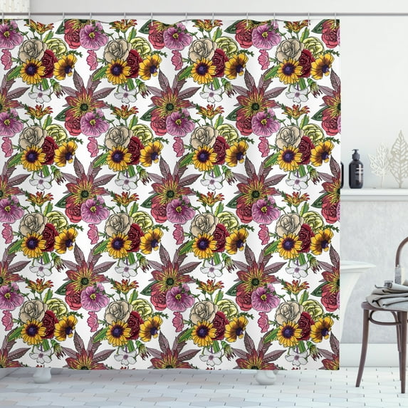 Aster Shower Curtain, Garden Themed Petunia Rose Aster and Chamomile Arrangement Blooming Bouquet Pattern, Fabric Bathroom Set with Hooks, 69W X 84L Inches Extra Long, Multicolor, by Ambesonne