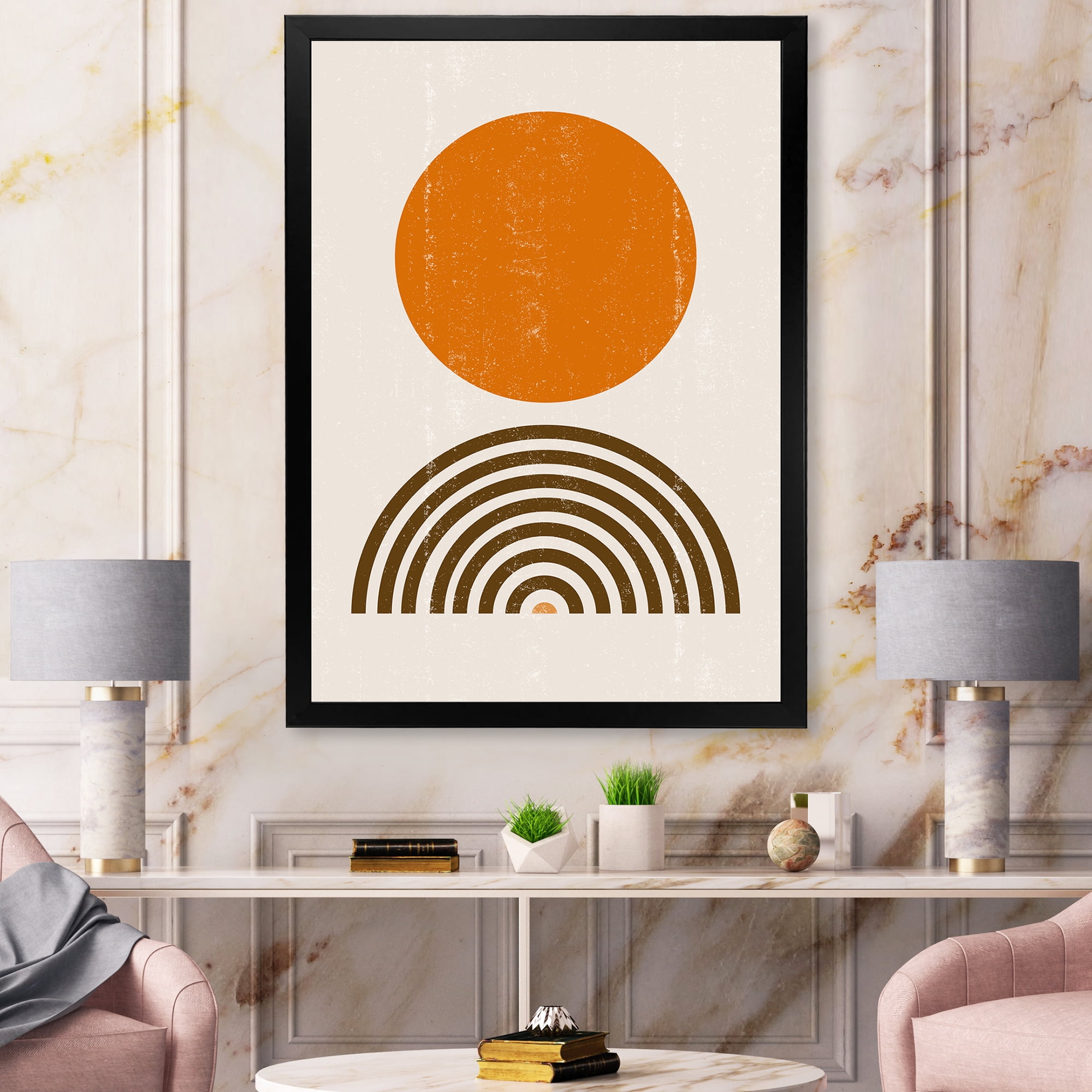 Designart 'Abstract Minimal Rainbow and Orange Sun I' Modern Framed Art Print