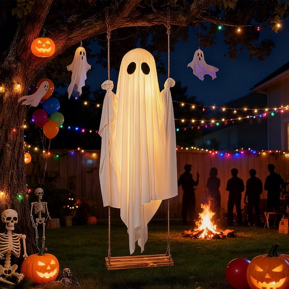 Swinging Ghost Outdoor Decor Hanging Ghosts with 8 Light Modes Wooden Seat for Tree Porch Yard Garden Decoration
