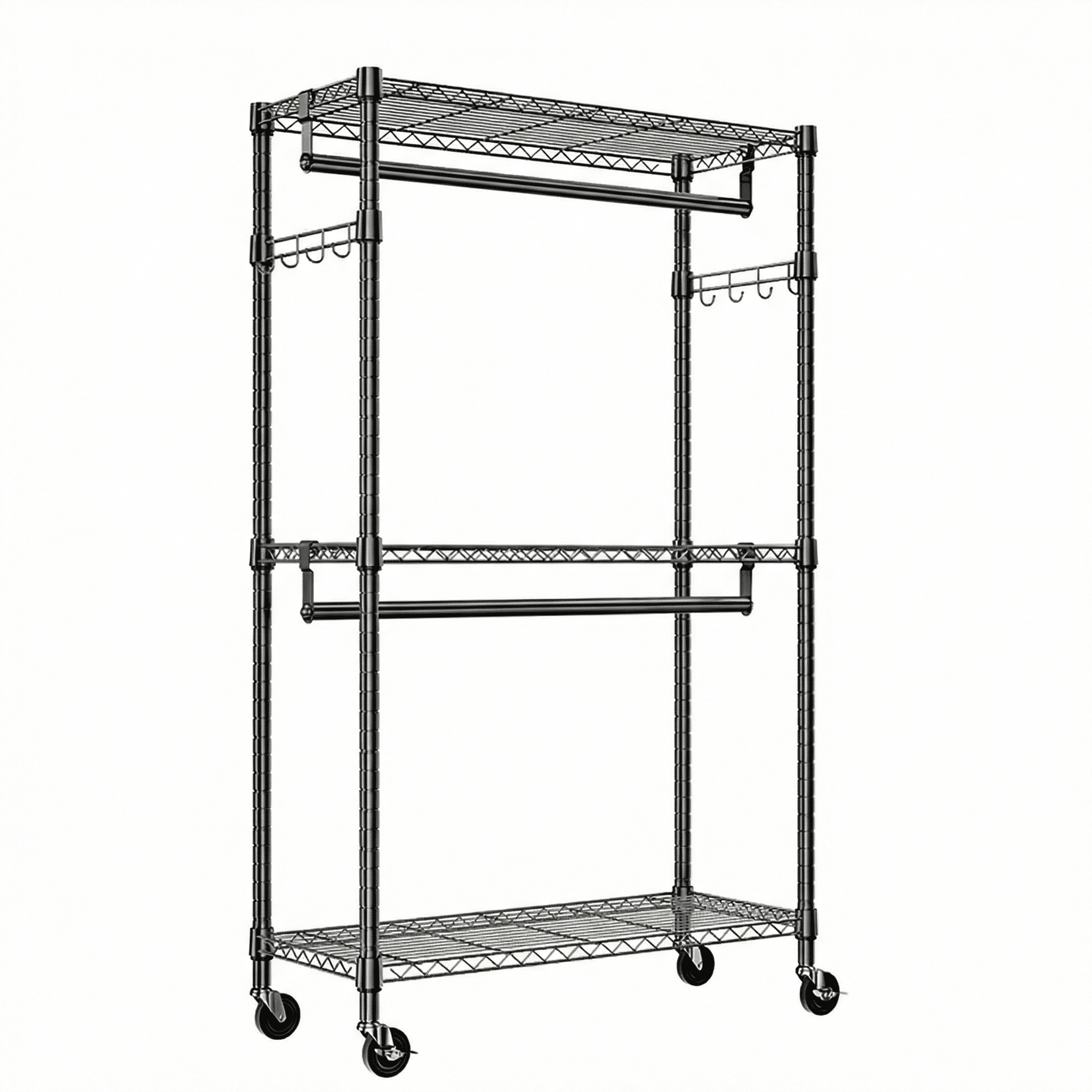 Heavy Duty Closet Garment Rack,3-Tier Adjustable Metal Freestanding Clothes Rack with 2 Rods and Side Hooks,Wheels,15.7" D x 29.5" W x 74.5" H,Black