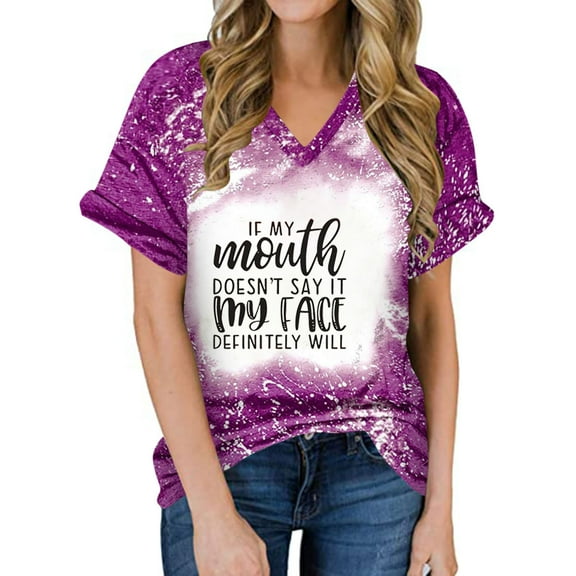 Vintage Bleached T-Shirt for Women Funny Graphic Tee Shirts Casual Short Sleeve V Neck Tshirt Vacation Tops Blouses