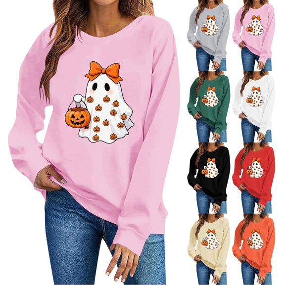 Hulanddfd Womens Sweatshirt Pink Ghost Pumpkin Print Pullover, Cute Bow Graphic Crewneck Long Sleeve Top, Halloween Casual Sweater