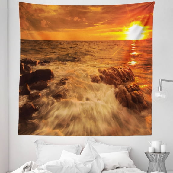Seascape Tapestry, Exotic Ocean with Waves on Rocks Panorama in Sunset Time Tangerine Tones Sky, Fabric Wall Hanging Decor for Bedroom Living Room Dorm, 5 Sizes, Orange and Amber, by Ambesonne