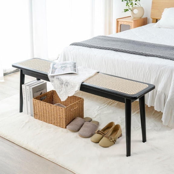 YWEN Bench, Solid Wood Kitchen Dining Bench, Mid Century Modern End of Bed Bench with Rattan Woven Top for Bedroom, Dining Room, Entry Way