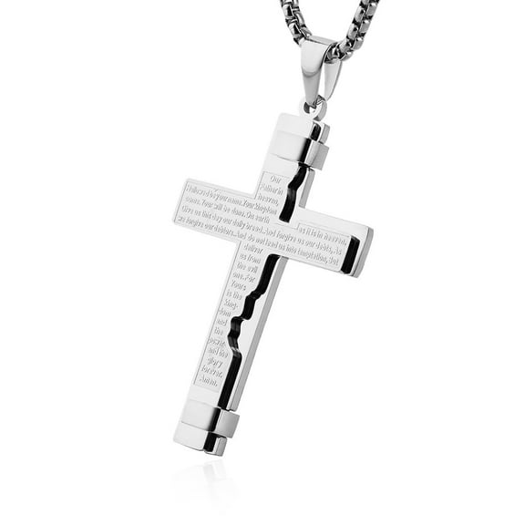 HZMAN Religion Cross Lord's Prayer Stainless Steel Pendant Necklace Rolo Cable Wheat Chain (Silver)