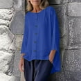 thumbnail image 3 of Scyoekwg Women's Linen Tops Long Sleeve Button Crew Neck Tunic Shirts Solid Blouses for Seniors Casual High Low Tunic Tops (Blue,XL), 3 of 9