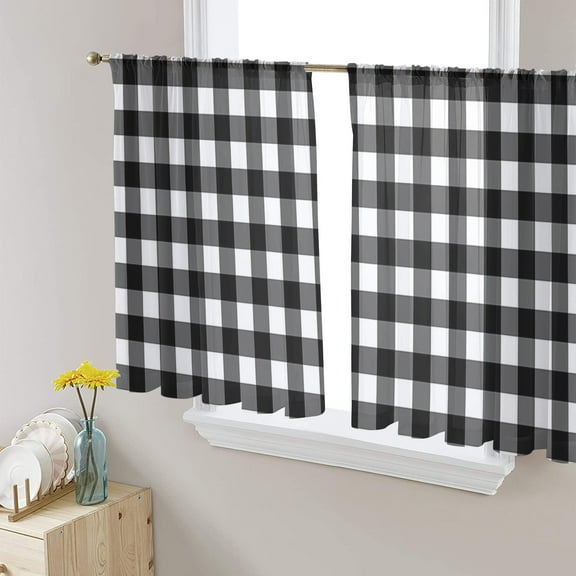 Farmhouse Checkered Sheer Curtains 54 Inches Length 2 Panels Set, Window Sheer Curtains for Living Room/Bedroom, Black White Buffalo Plaid Light Filtering Rod Pocket Curtain 52'' x 54'' x 2