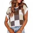 thumbnail image 2 of MESSUEN Short Sleeve Sweater for Women Checkered Sweater Cropped Sweater Short Sleeve Womens Tops Women’s Blouses Women's Blouses Dressy Casual Tops Women Khaki M, 2 of 7