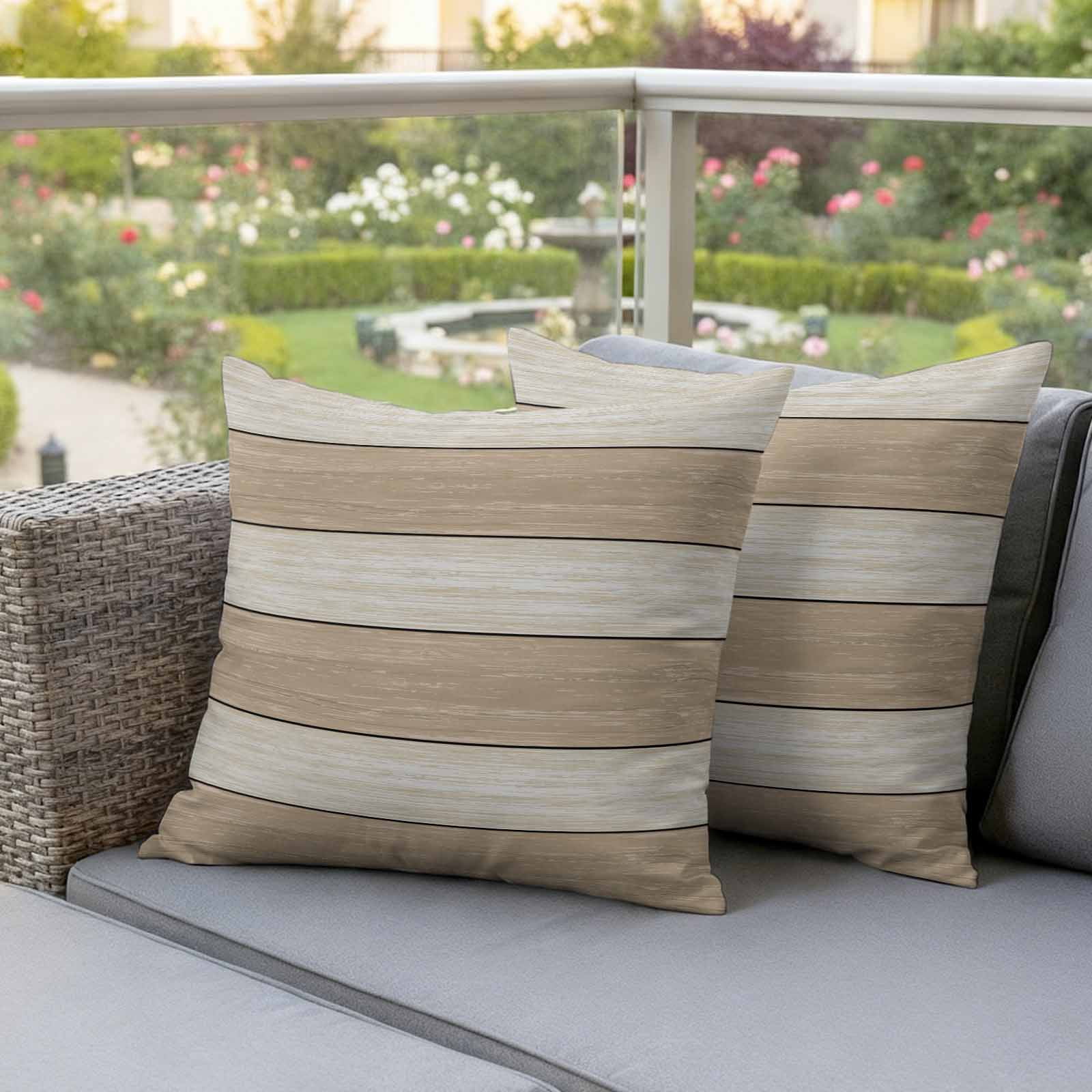 Brown Ombre Wooden Outdoor Waterproof Pillow Covers, Farmhouse Retro Khaki Wood Decorative Square Throw Pillowcase Sofa Cushion Sham for Patio/Couch/Chair, 20"x20" 2 Pack