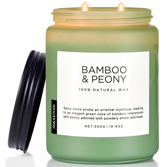 M&SENSE BambooPeony Scented Candle, 19.4oz Natural Soy Jar Candles for Home, Large 2 Wick, Up to 110 Hours Burn time, Natural Organic Fragrance
