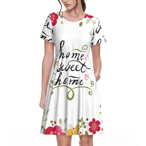 Disketp Home Sweet Home Floral para Vestido de Manga Corta para Mujeres, Vestidos de Verano para Mujeres, Casual y Holgado para la Playa