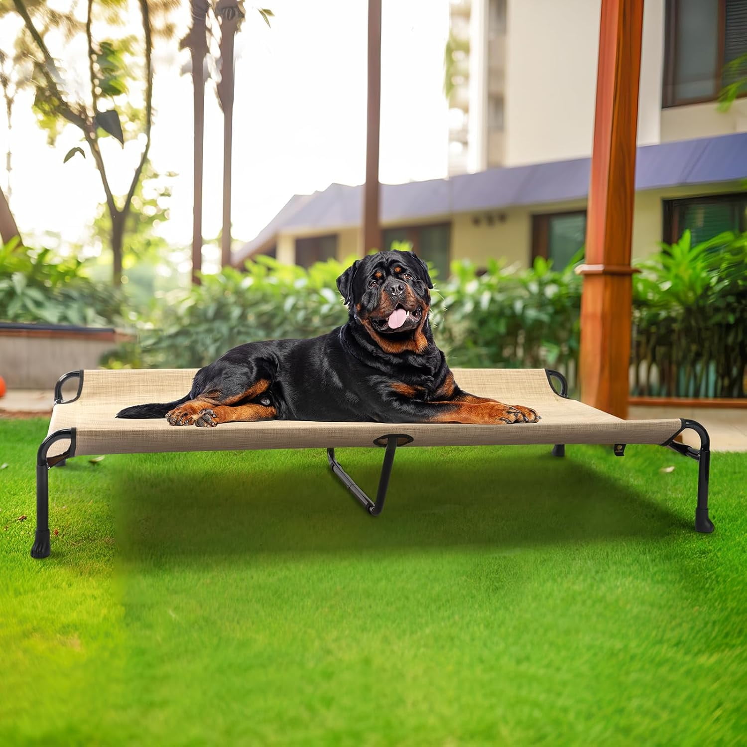 Elevated Dog Bed, Raised Dog Cots for Large Dogs, Waterproof Outdoor Dogs Bed, Cooling Pet Hammock with Guardrail, Upgraded Non-Slip Feet, Breathable Teslin Mesh, Beige, 47 x 29 inches