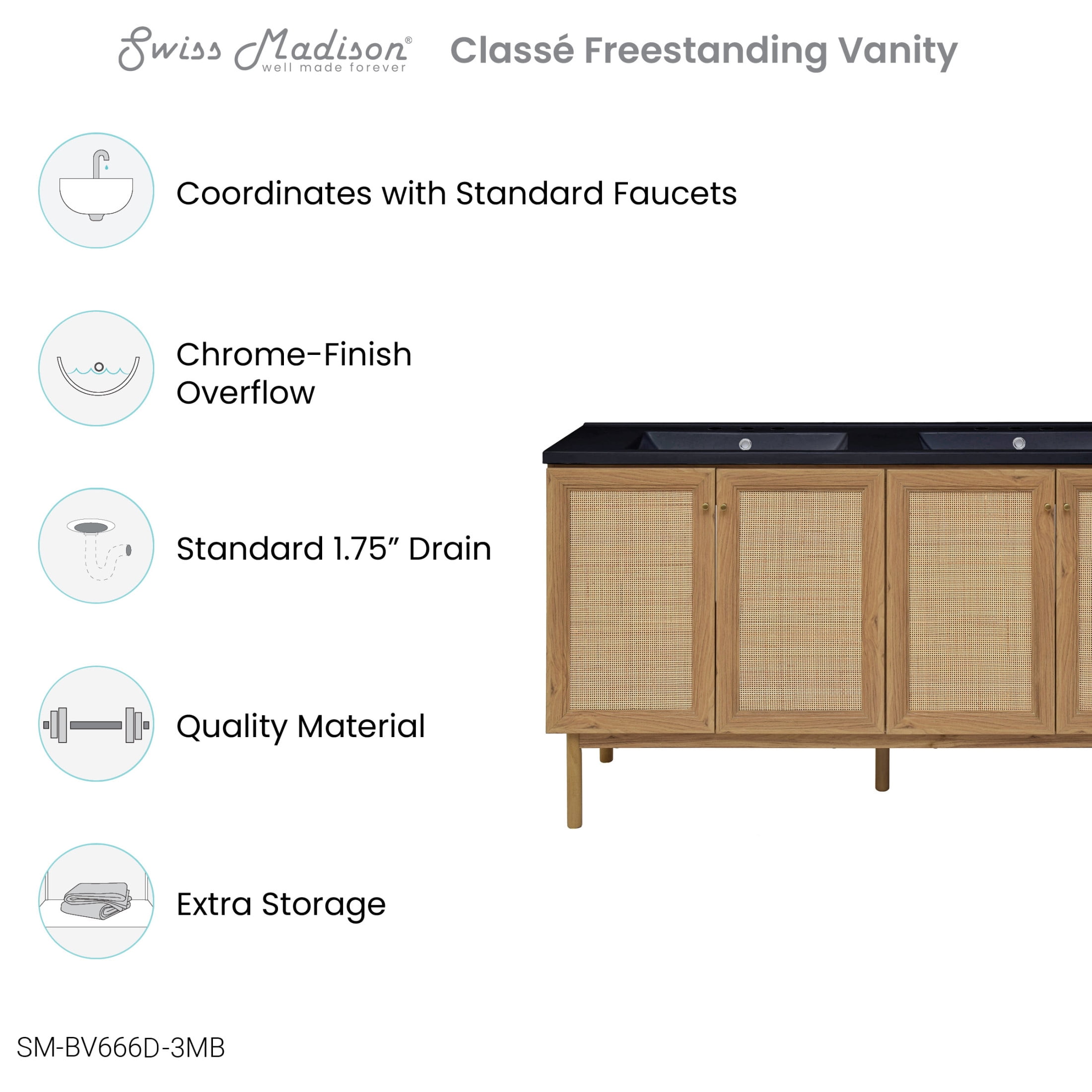 Classe 60" Freestanding Bathroom Vanity in Golden Oak with Black 3-Hole Widespread Double Basin Sink Top