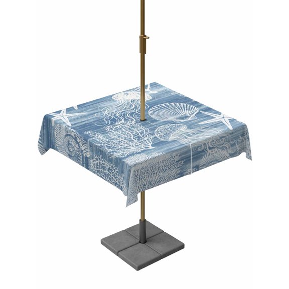 Outdoor Tablecloth with Umbrella Hole for Patio/Picnic/Party/Camping, Blue Coastal Waterproof Table Cloth Square Cover Washable, Nautical Starfish Coral Jellyfish Shell Sea (54"x 54")