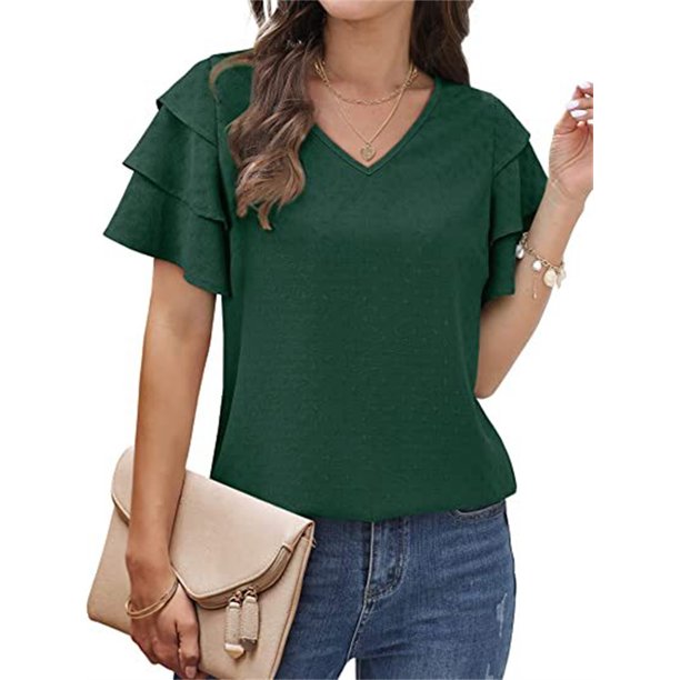 Camisetas de manga con volantes multicapa para mujer, Camiseta holgada informal, cómoda, cuello en V, Color sólido, Verano