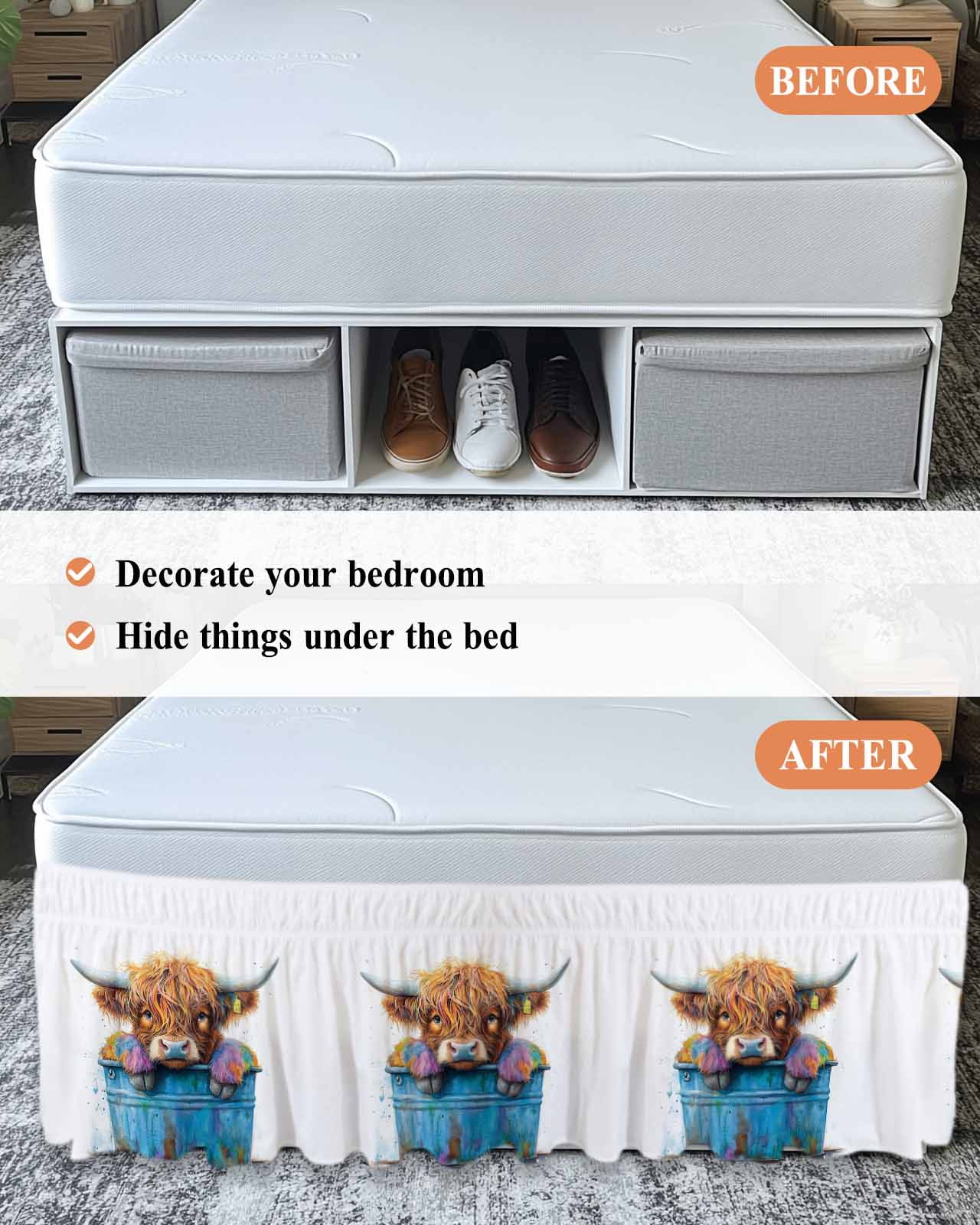 Highland Cattle Bed Skirt Farmhouse Cow Funny Animal Bed Skirts Queen Size 18 Inch Drop, Wrap Around Dust Ruffle&nbsp;Bedskirt with Adjustable Elastic Belt for Queen Size Beds