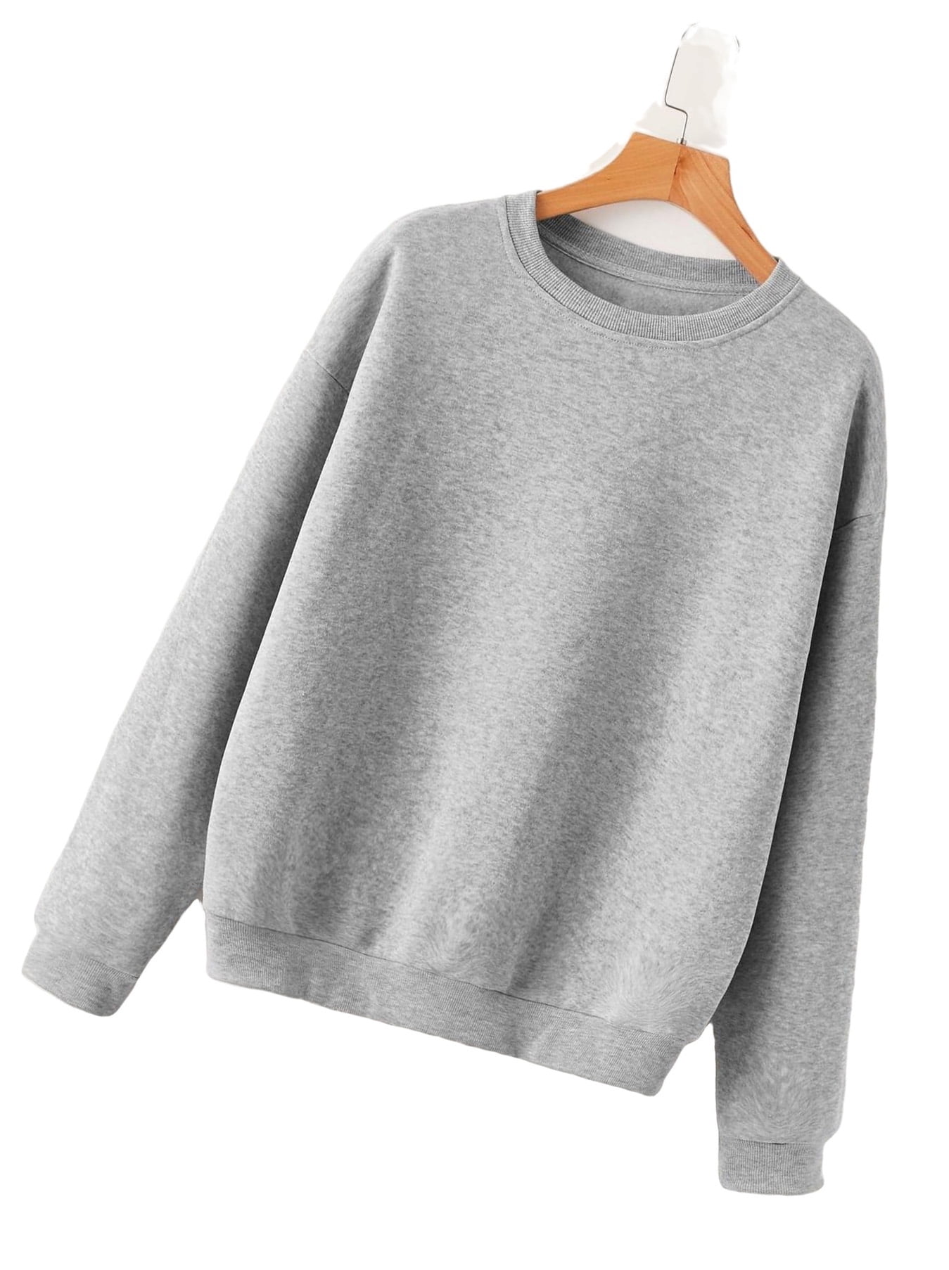 Casual Plain Round Neck Pullovers Long Sleeve Grey Women Sweatshirts ...