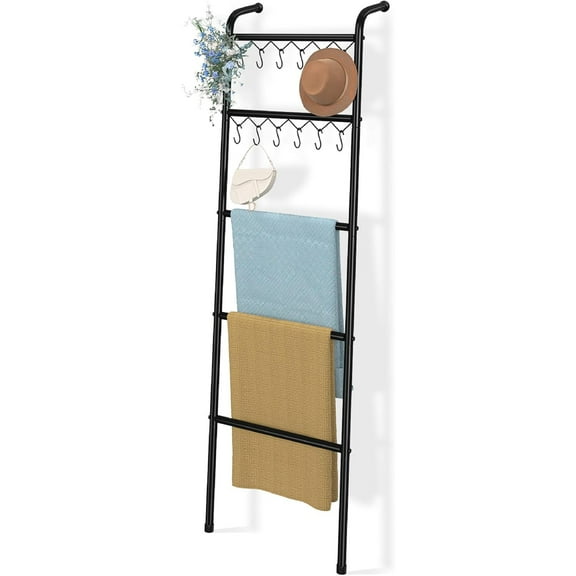 Blanket Ladder，5 Tier Metal Towel Rack with 12 Hooks, 79'' Metal Style Decorative Ladder for The Living Room Bedroom Bathroom Home Decor, Black