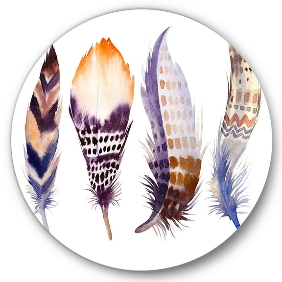 Designart 'Purple Boho Art Feathers' Bohemian & Eclectic Circle Metal Wall Art 36x36 - Disc of 36