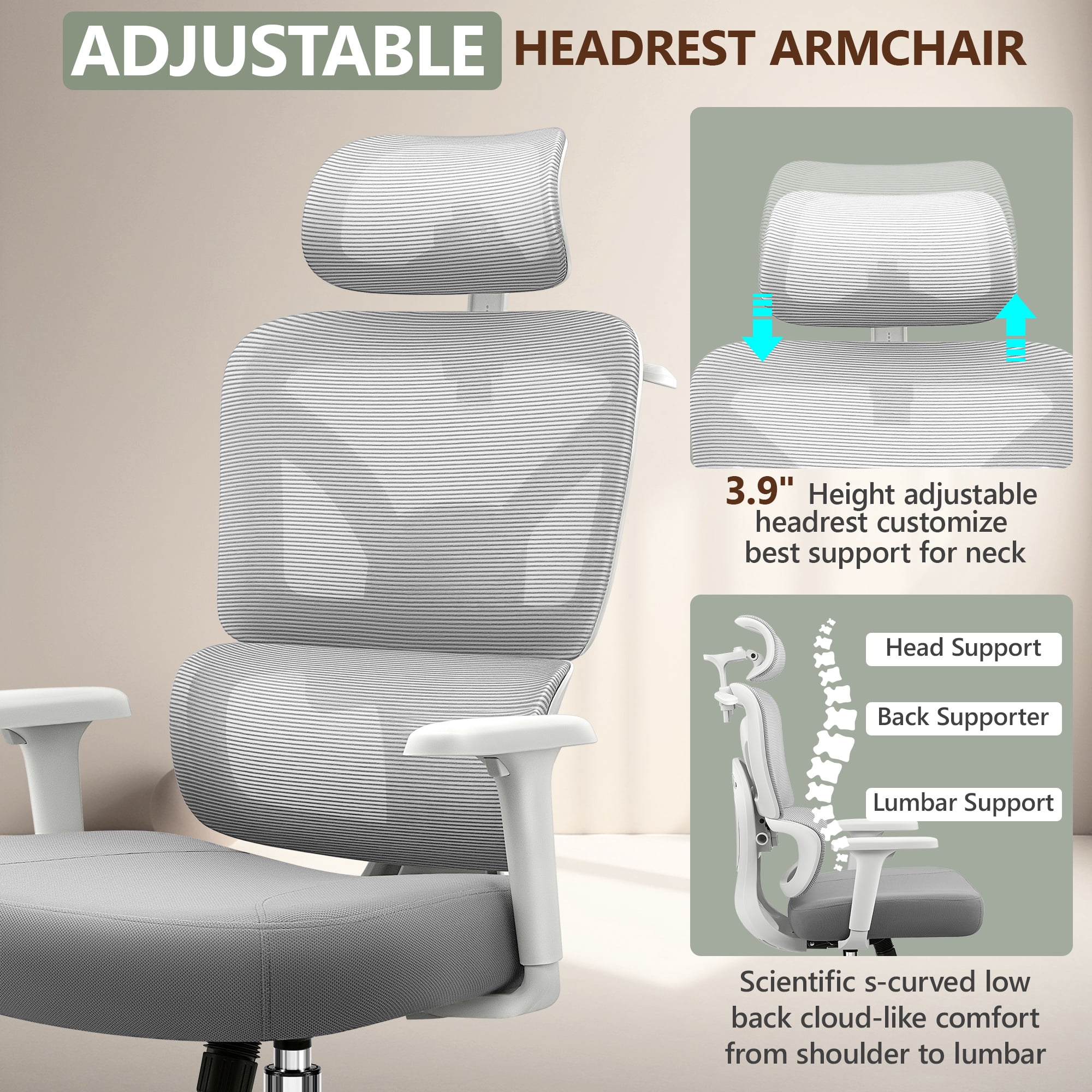 COOLHUT Ergonomic Mesh Office Chair, Big and Tall Computer Desk Chair with Adjustable Lumbar Support, Headrest and Armrest, High Back Home Office Chair for Workspace, Gaming,300LBS, Ligh Gray