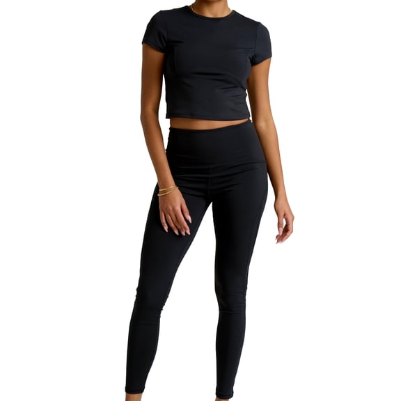 Two Piece Workout Set for Women High Waist Leggings and Short Sleeve Athletic Tops Matching Pilates Gym Sets Yoga Outfits