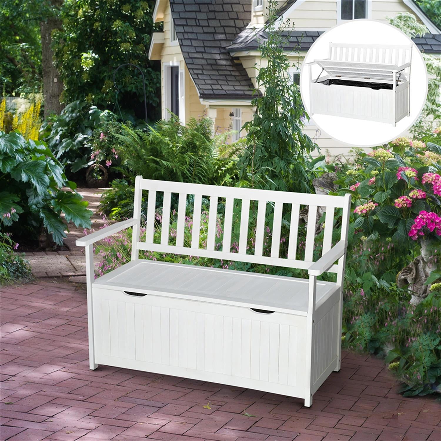 Demi Bonn 41" Patio Garden Bench Wooden Deck Box Storage Bench, Outdoor Benches Furniture with Inner Waterproof PE Lining for Backyard, Park, Lawn, Yard, White