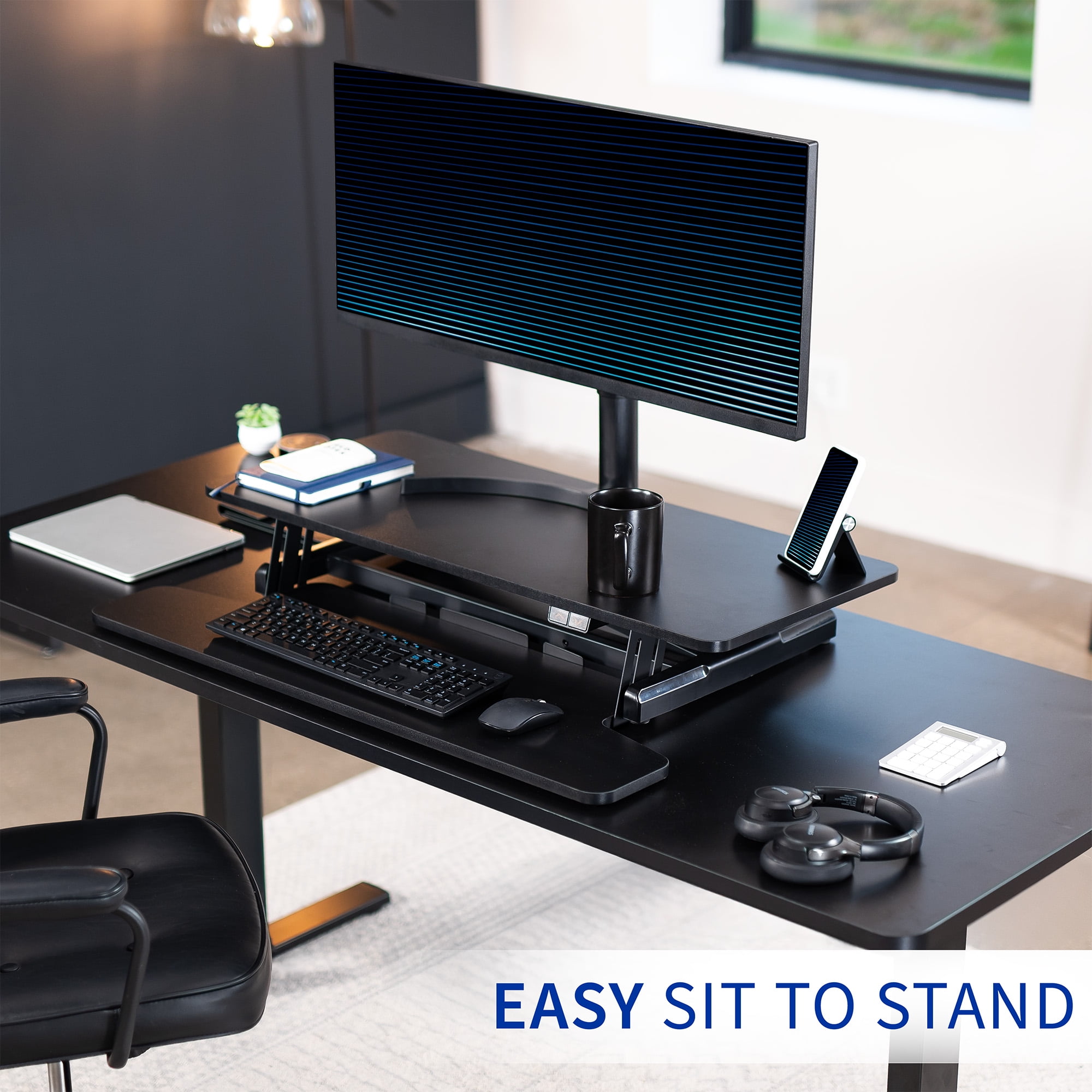 VIVO Black Electric 36" Standing Desk Monitor Riser, Dual Arm Sit Stand Tabletop